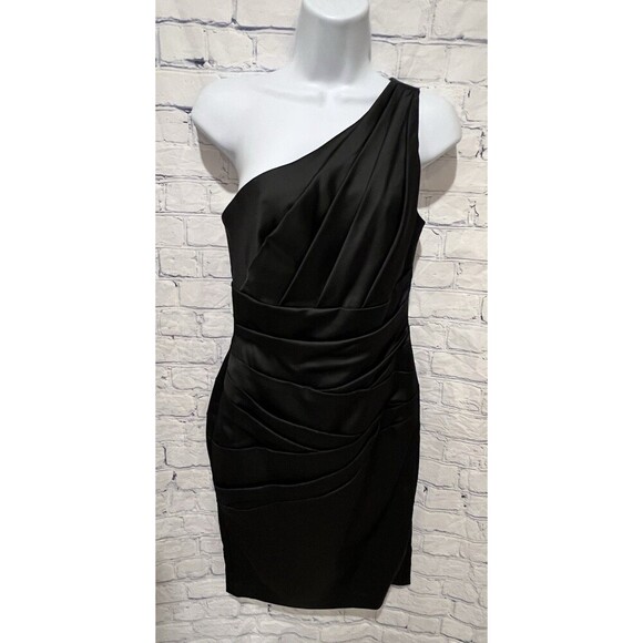 NWT David’s Bridal Black Slim One Shoulder Cocktail Evening Dress Size 2 - Picture 1 of 11